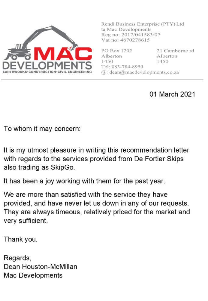 Mac Developments Testimony of skipgo rubble removals